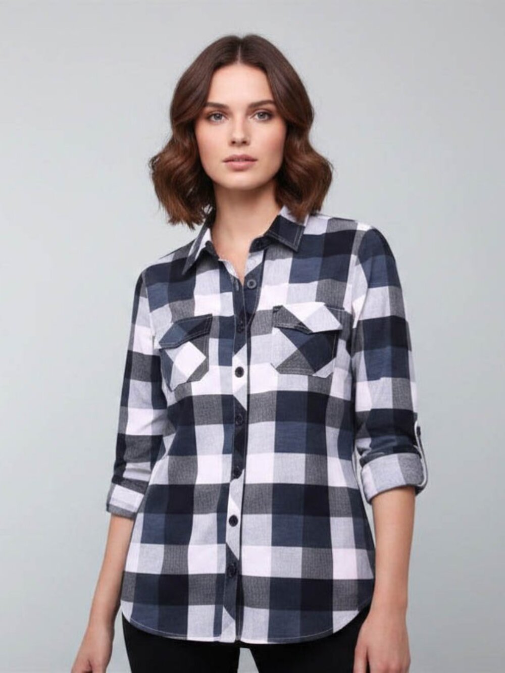 DJT Women's Plaid Button Front Shirt Black White Check Long Sleeve Size M
